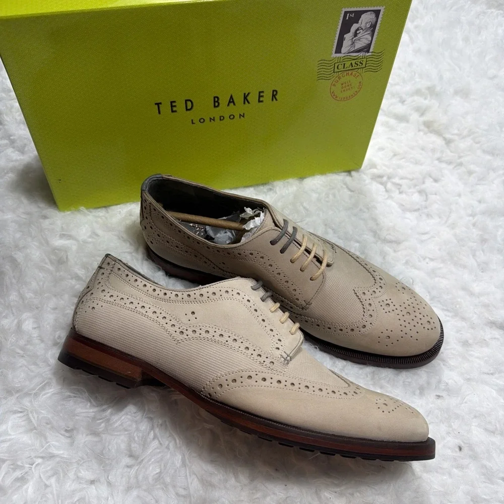 TED BAKER LONDON Brogue Derby Oxford Dress Shoes In Sand Tan Nubuck Suede Men 10